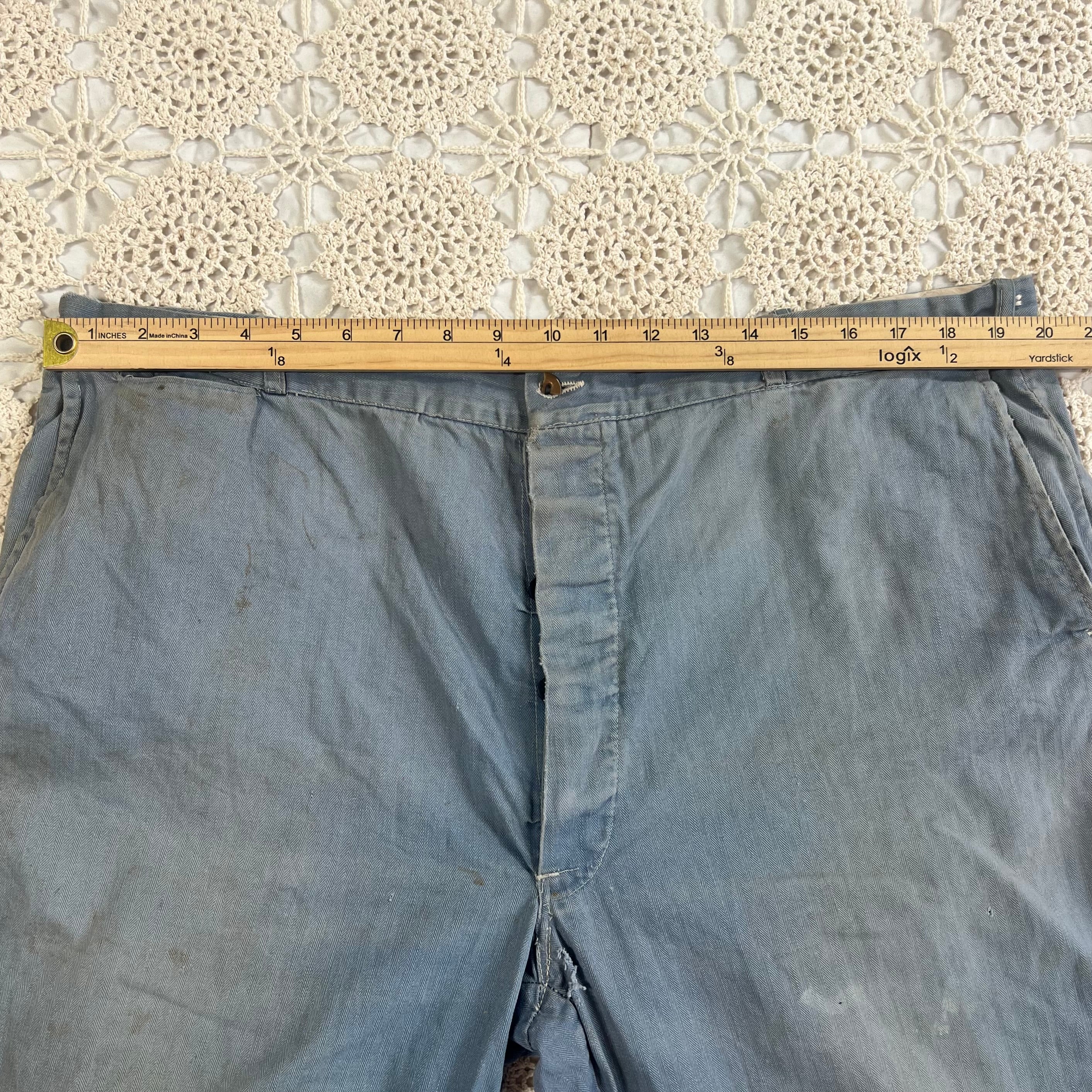 40s Faded Blue Twill Button Fly Work Trousers 40x28
