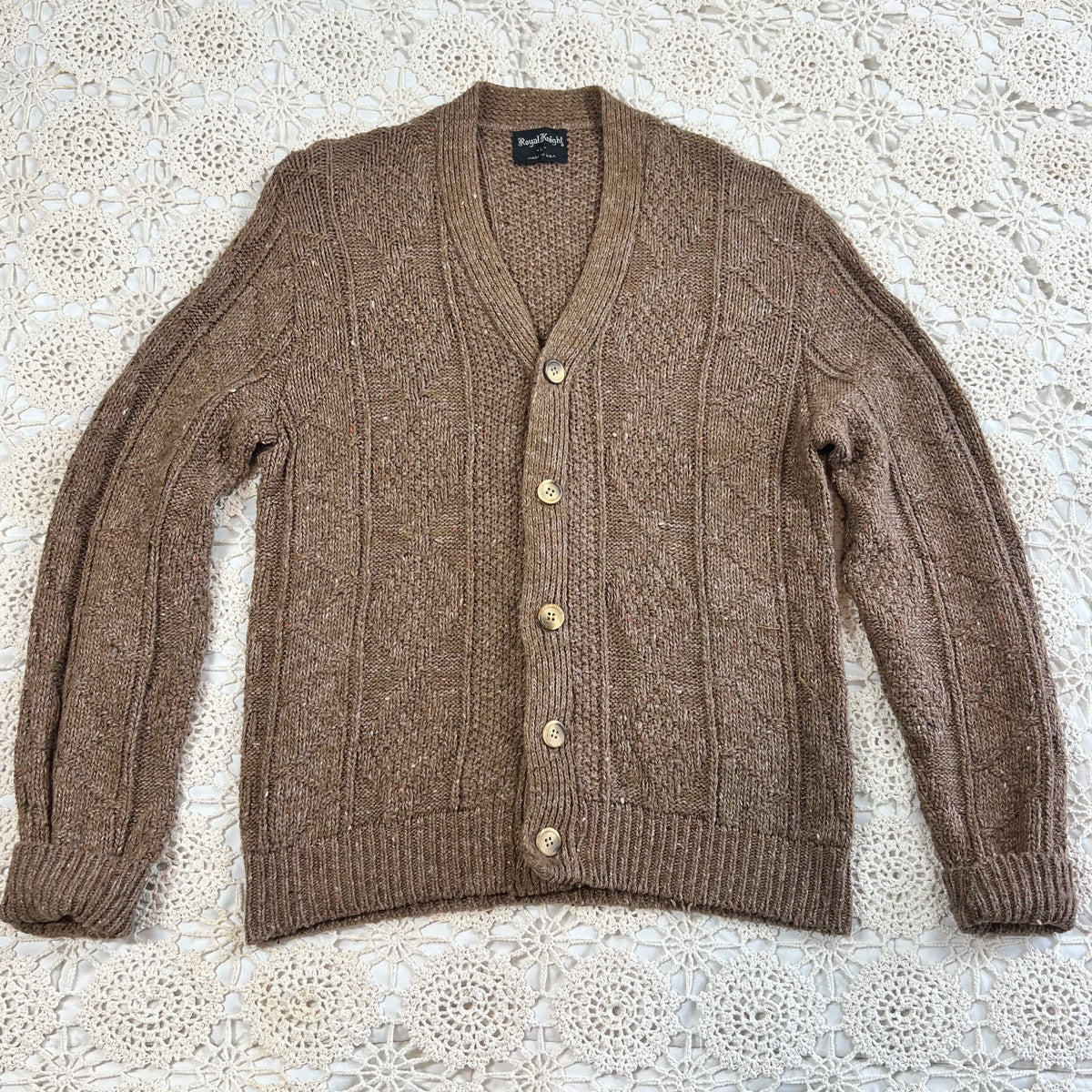 60s Royal Knight Brown Chunky Knit Cardigan L