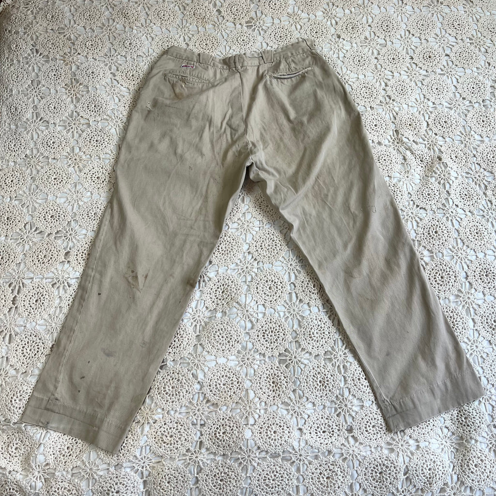 40s 50s Tan Chino Work Pants with Original Repairs 36x30