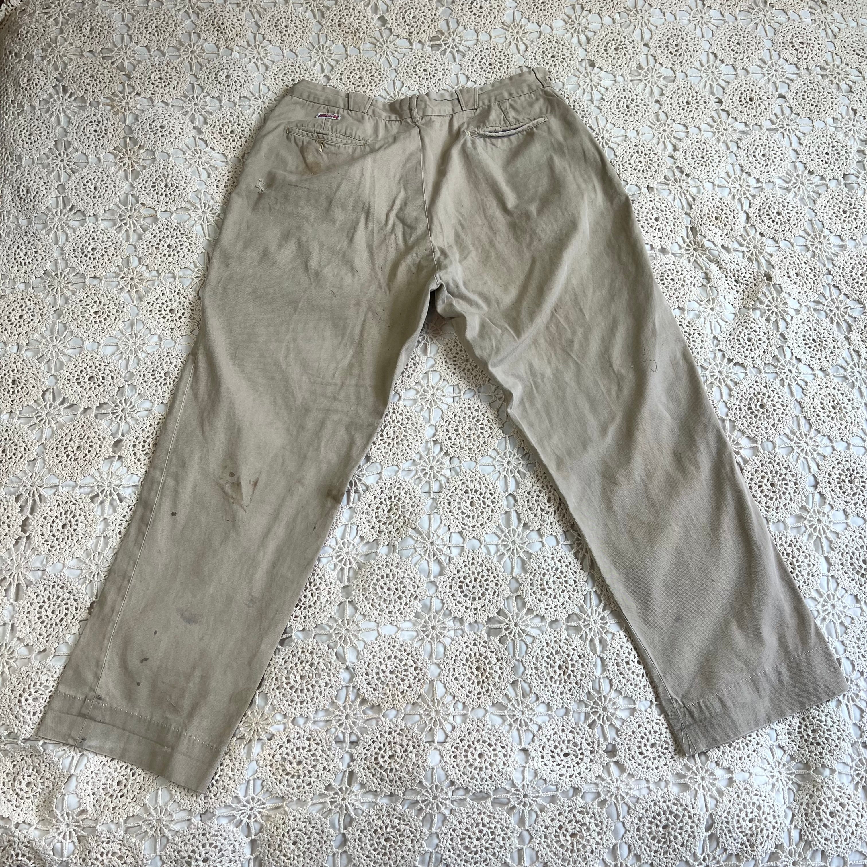 40s 50s Tan Chino Work Pants with Original Repairs 36x30