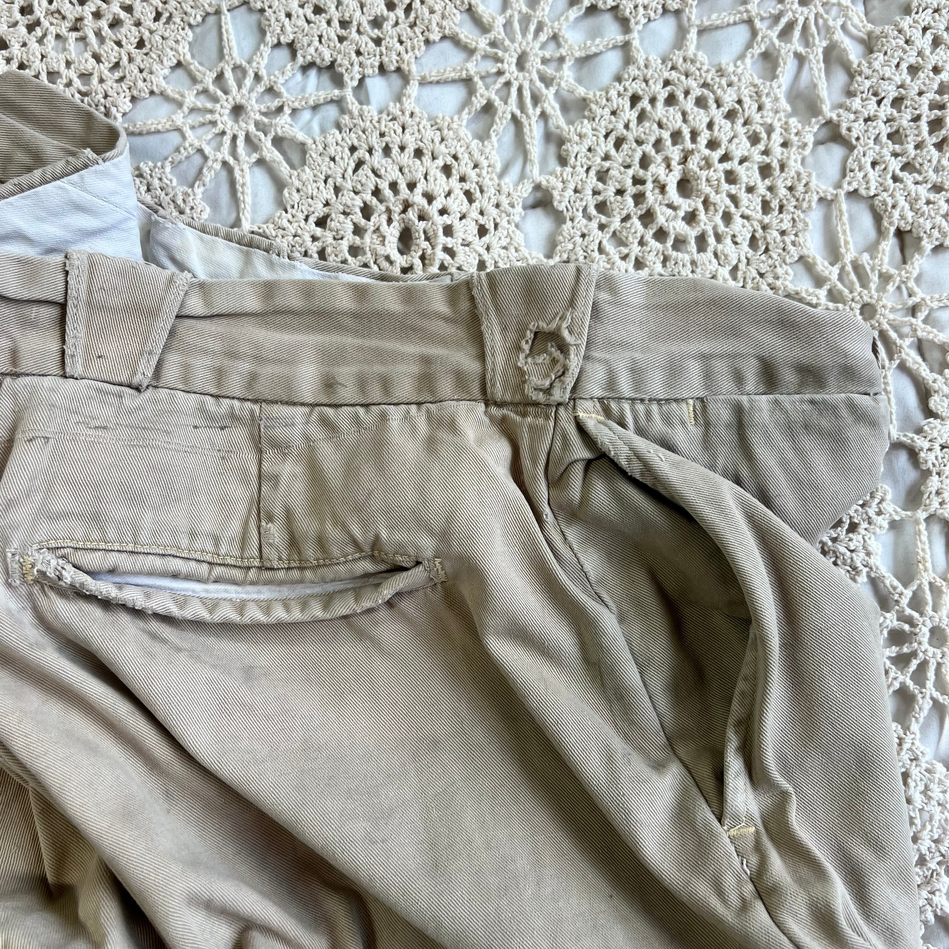40s 50s Tan Chino Work Pants with Original Repairs 36x30