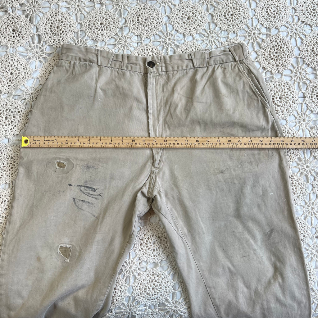 40s 50s Tan Chino Work Pants with Original Repairs 36x30