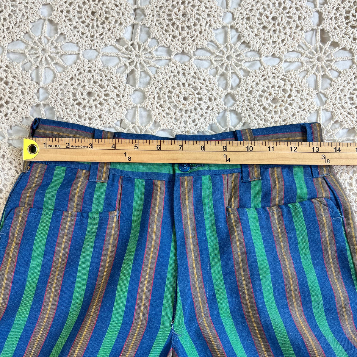 60s Mod Blue and Green Striped Flare Trousers 27x27