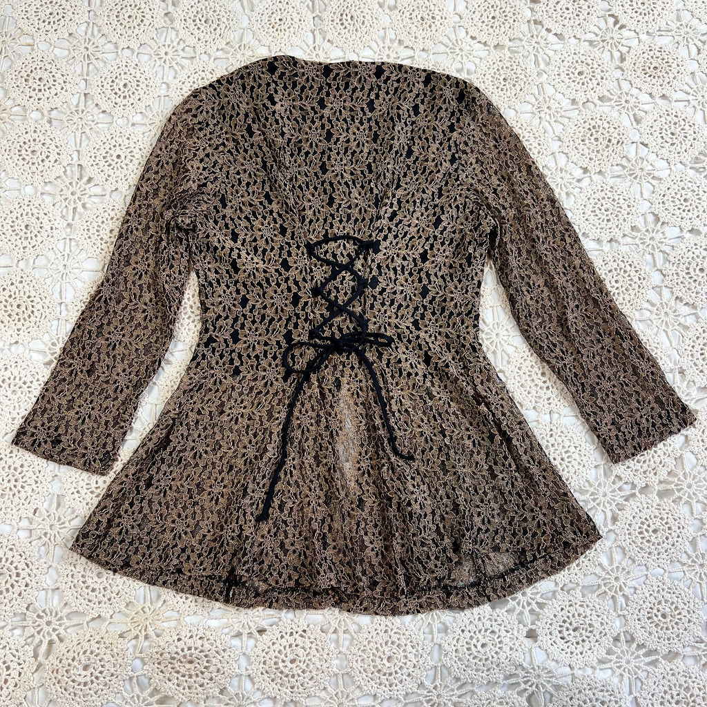 90s Whimsigoth Anna Lace Corset Tie Back Top M
