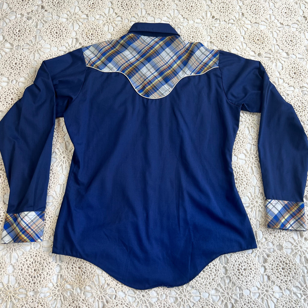 70s Style Works Western Pearl Snap Navy and Brown Plaid M