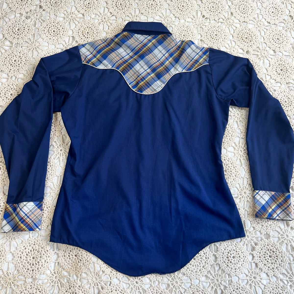70s Style Works Western Pearl Snap Navy and Brown Plaid M