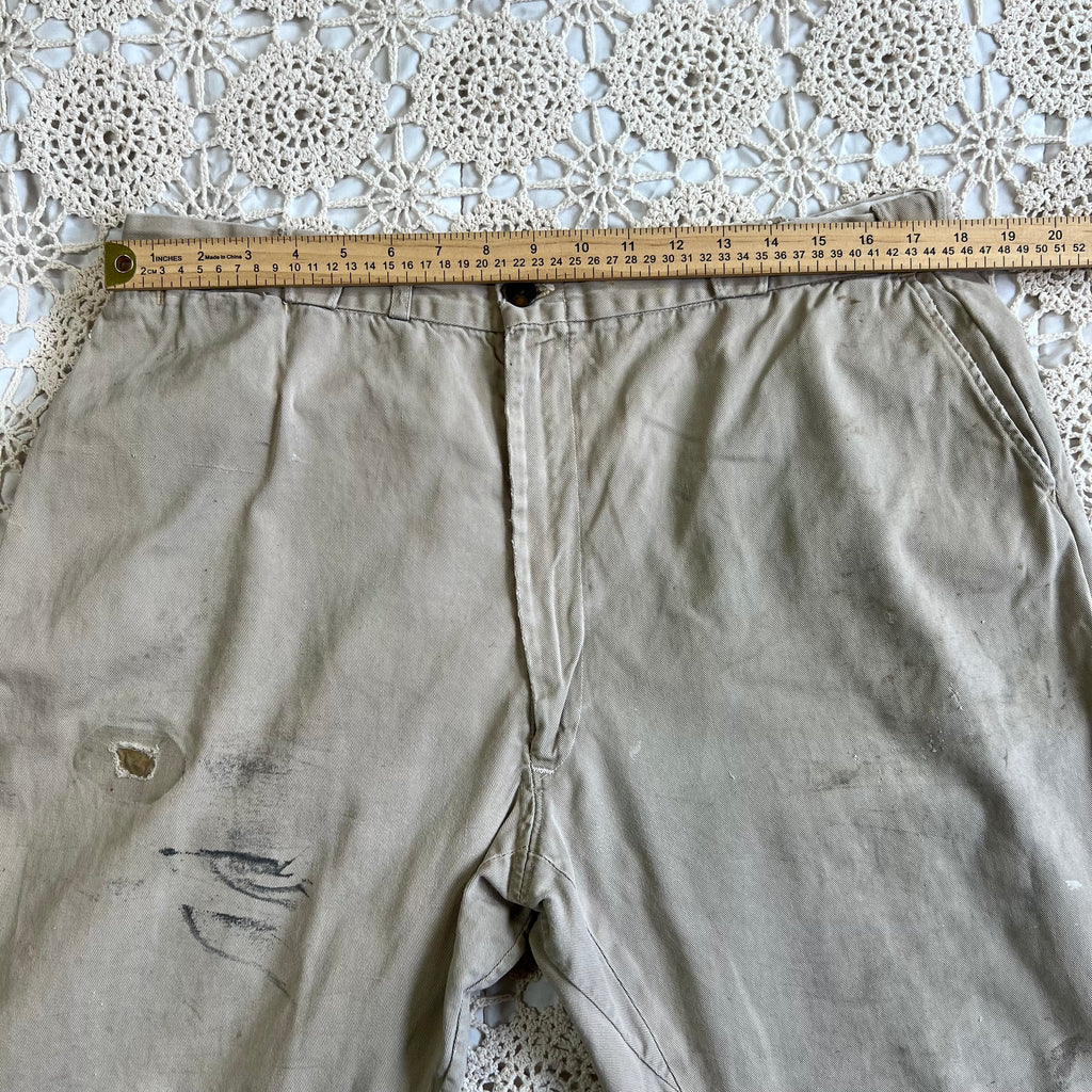 40s 50s Tan Chino Work Pants with Original Repairs 36x30