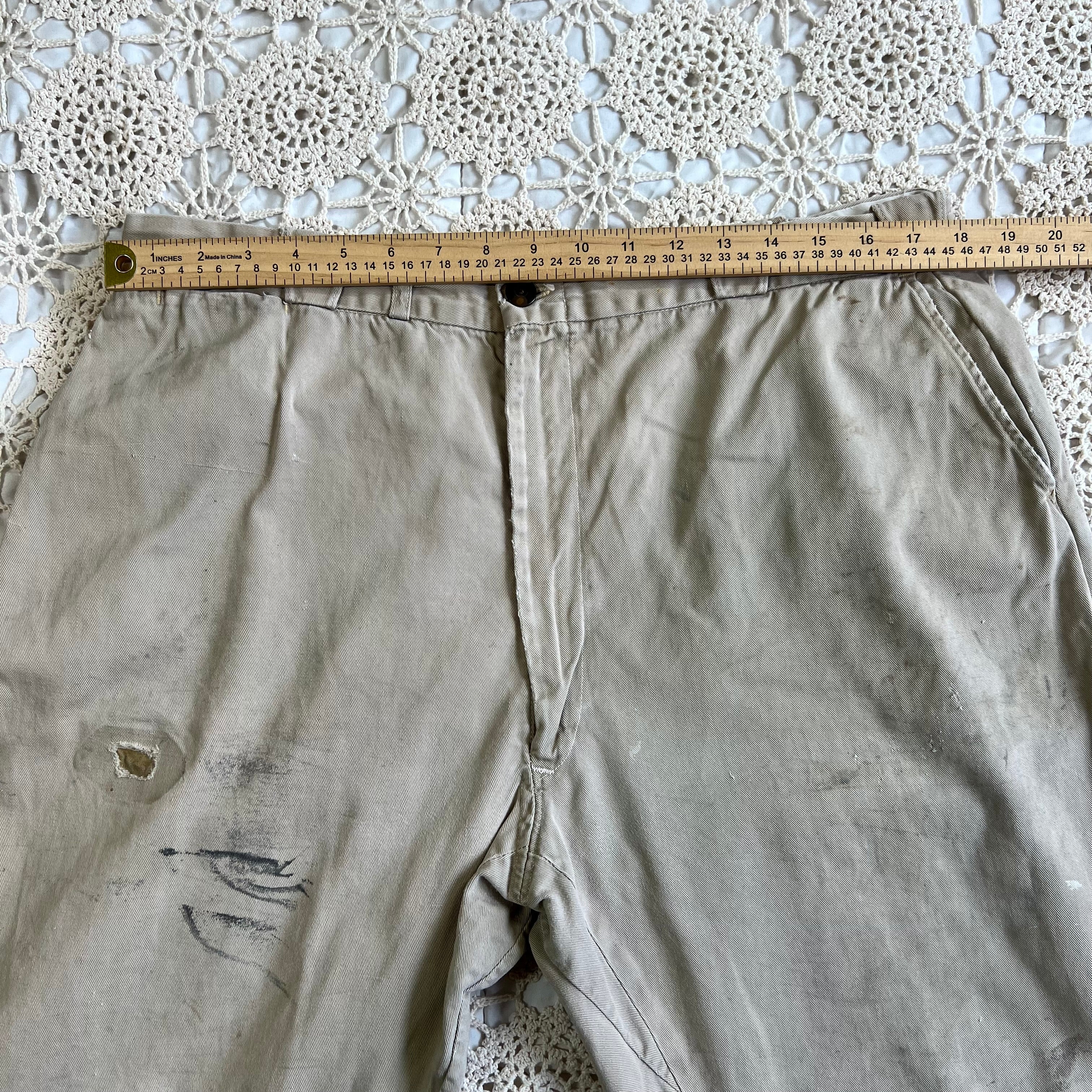 40s 50s Tan Chino Work Pants with Original Repairs 36x30