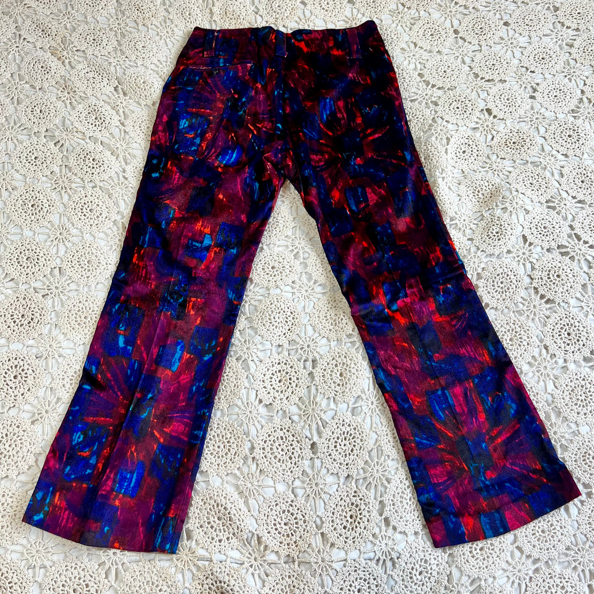 60s/70s Velvet Psychedelic Blue and Red Bell Bottom Pants 33x29