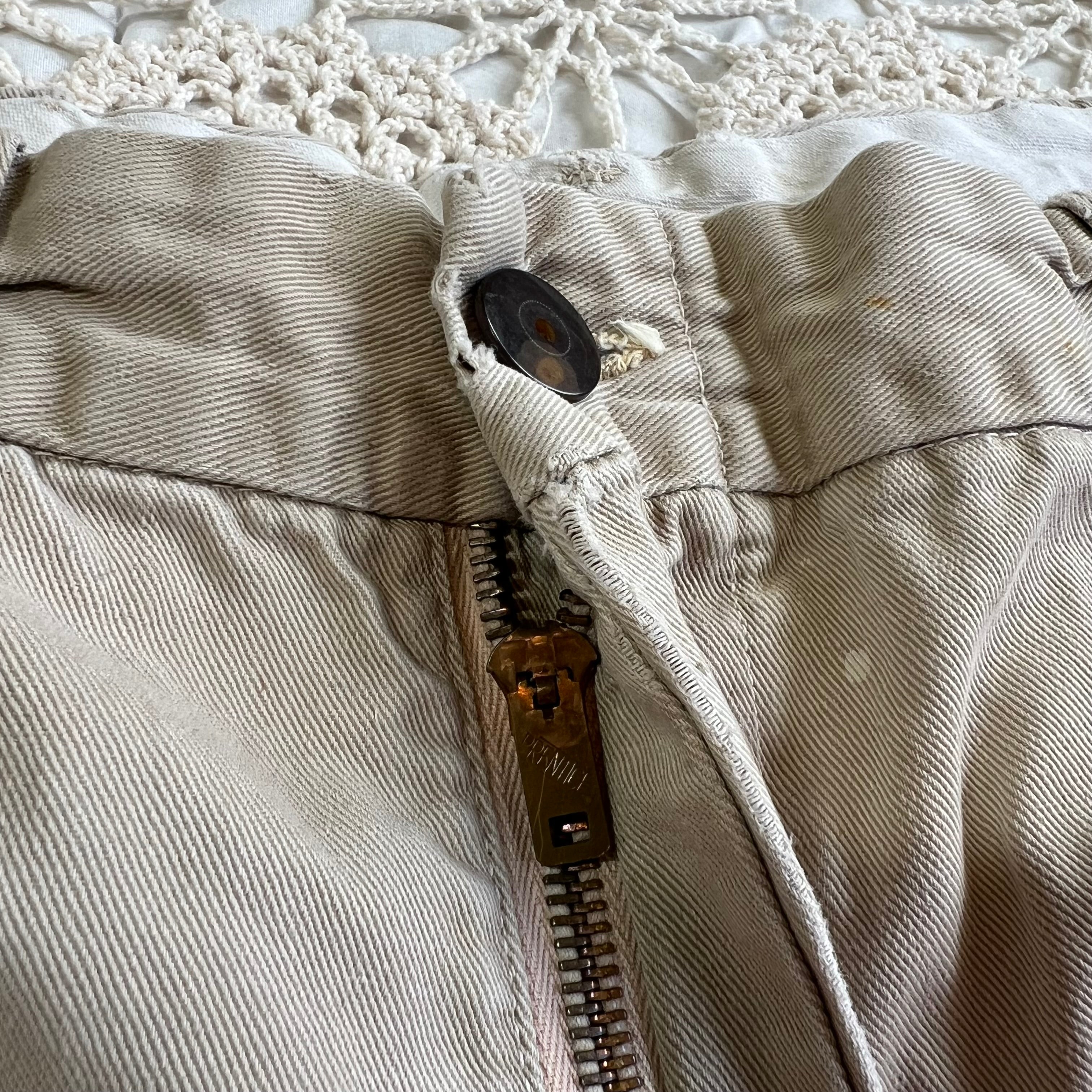 40s 50s Tan Chino Work Pants with Original Repairs 36x30