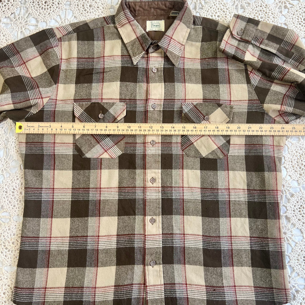 70s Sears Brown Tan Red Plaid Flannel XL