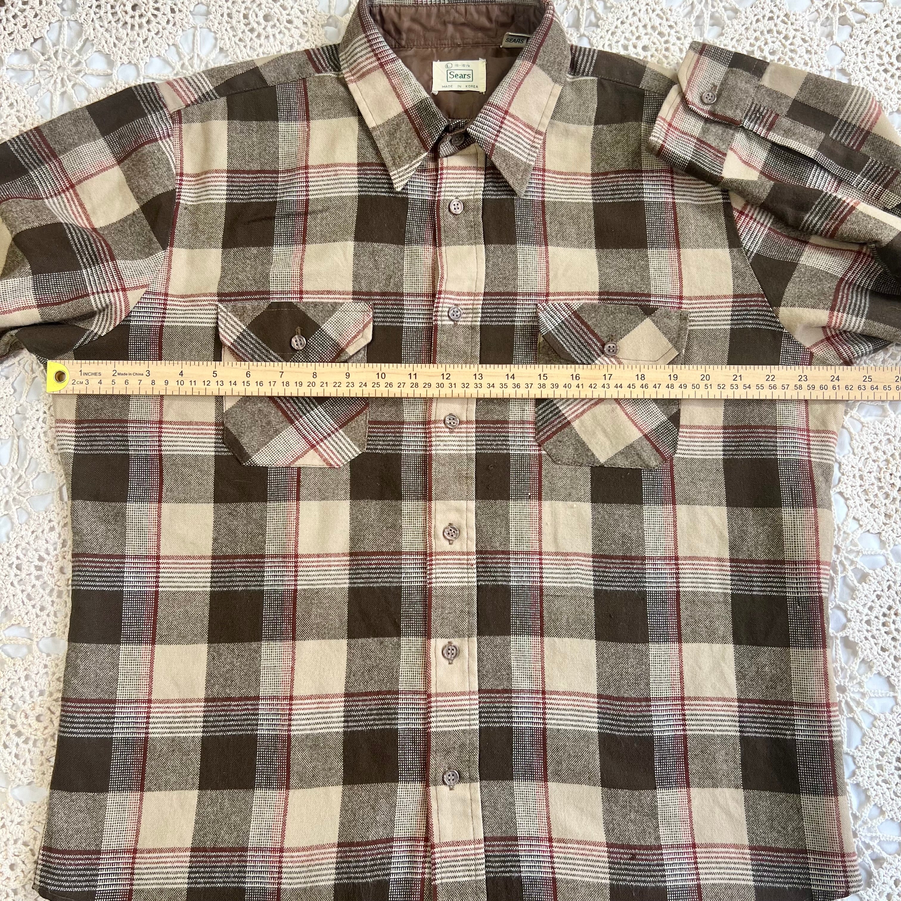 70s Sears Brown Tan Red Plaid Flannel XL