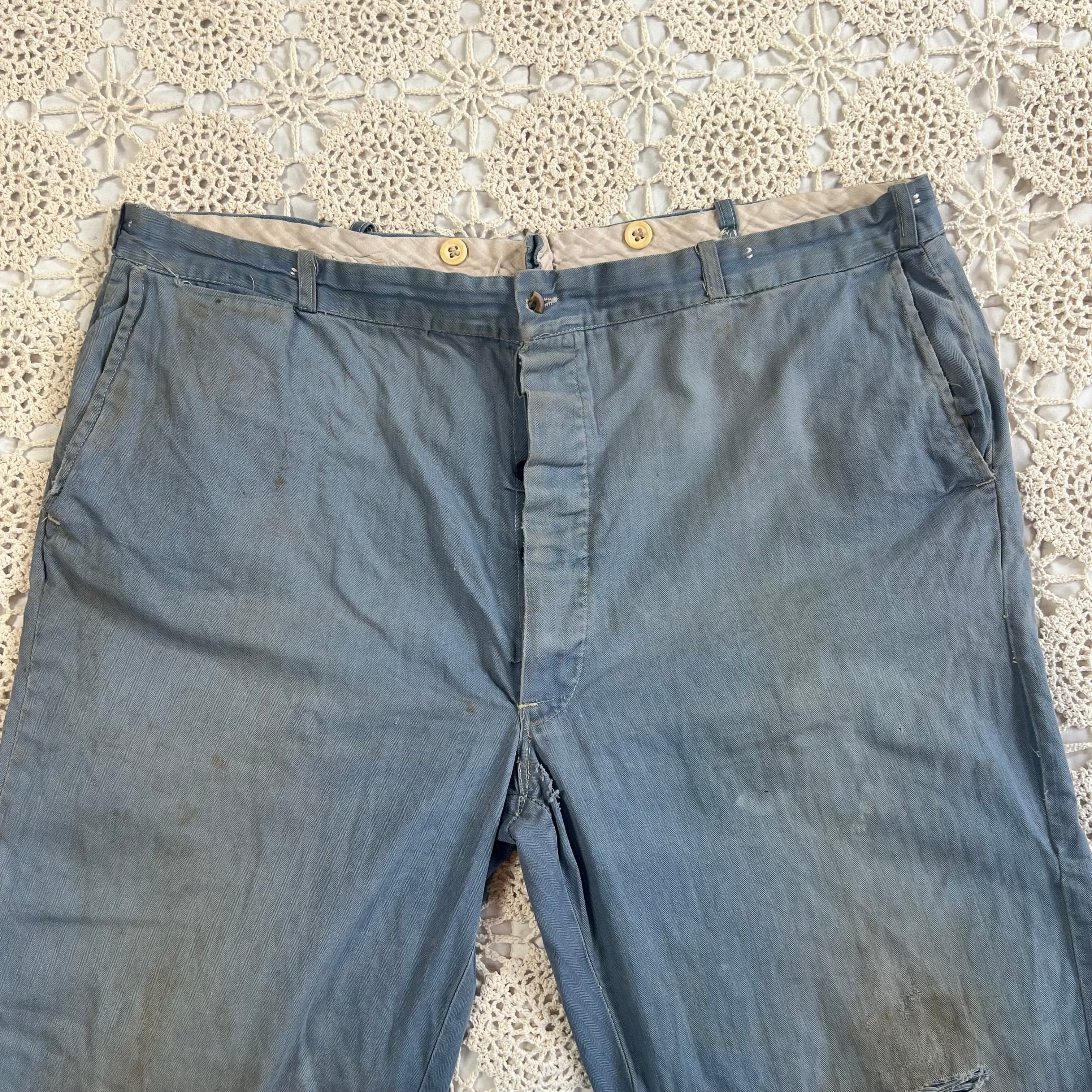 40s Faded Blue Twill Button Fly Work Trousers 40x28