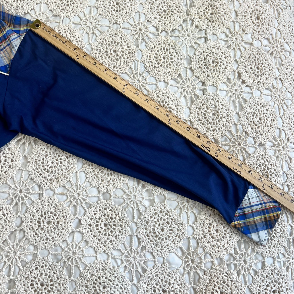 70s Style Works Western Pearl Snap Navy and Brown Plaid M