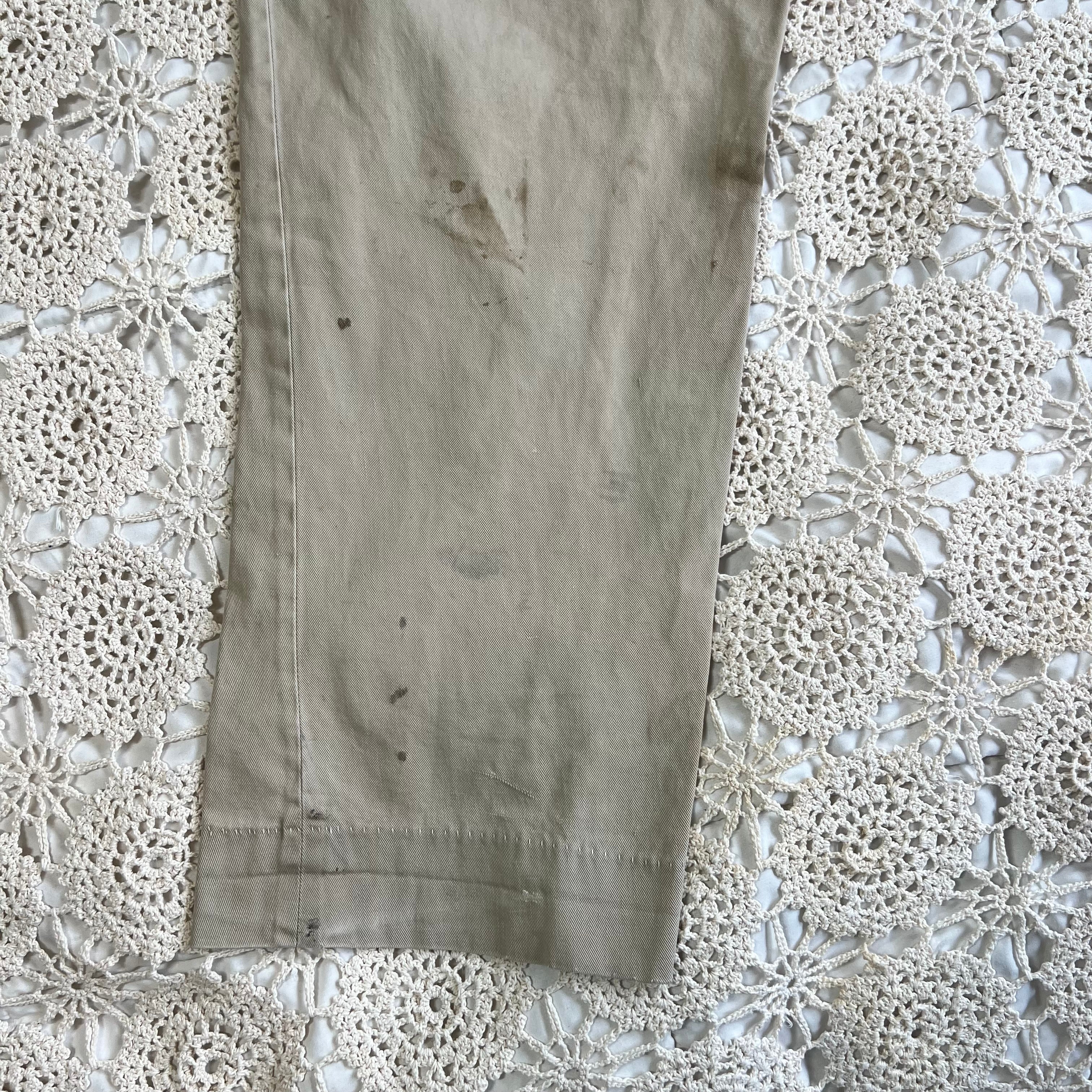 40s 50s Tan Chino Work Pants with Original Repairs 36x30