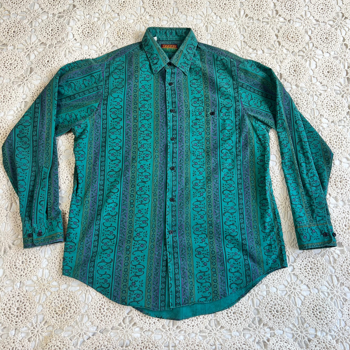 80s Oakton Limited Paisley Tapestry Blue and Green Button Down L/XL