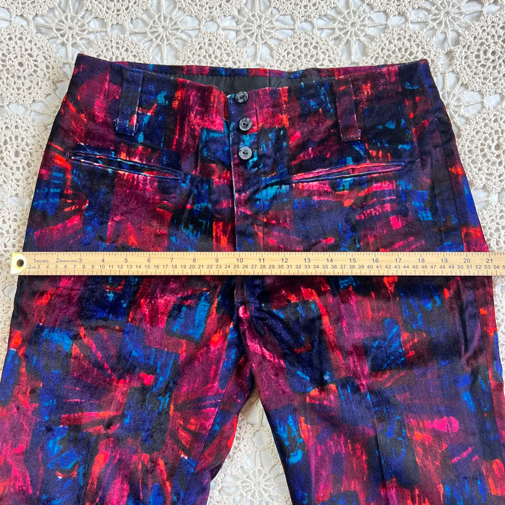 60s/70s Velvet Psychedelic Blue and Red Bell Bottom Pants 33x29