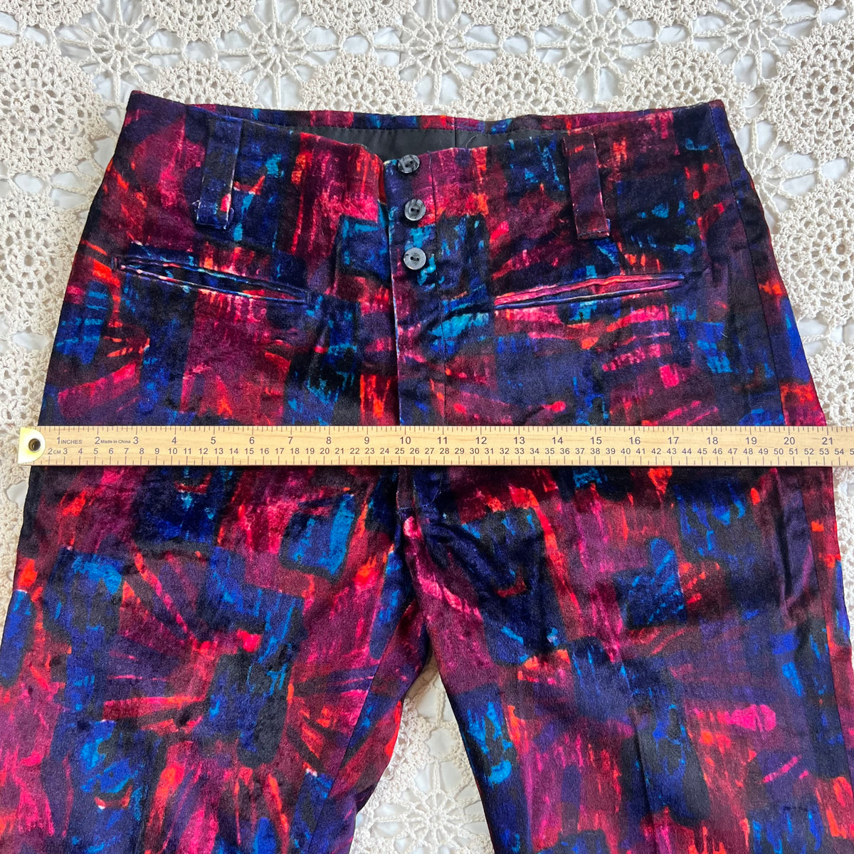 60s/70s Velvet Psychedelic Blue and Red Bell Bottom Pants 33x29